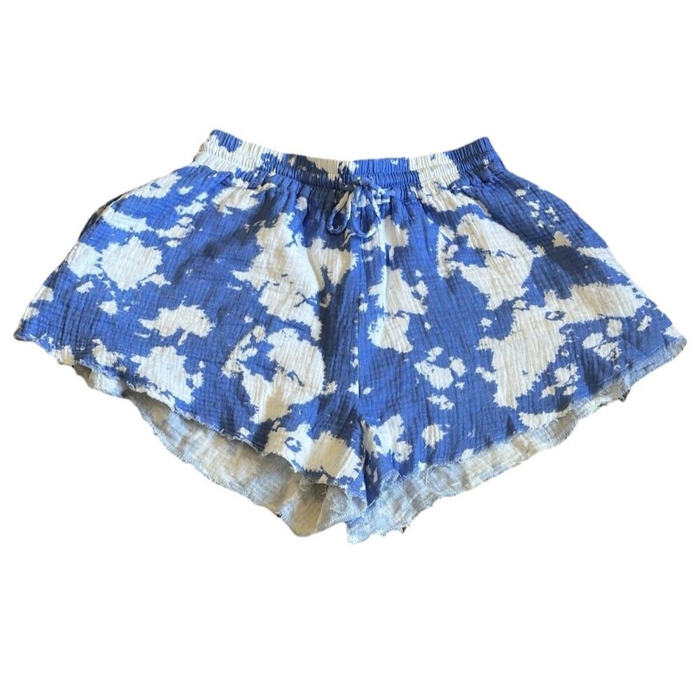 Aqua Blue and White Boho Tie Dye Cotton  Women’s Shorts M Drawstring Frayed Hem